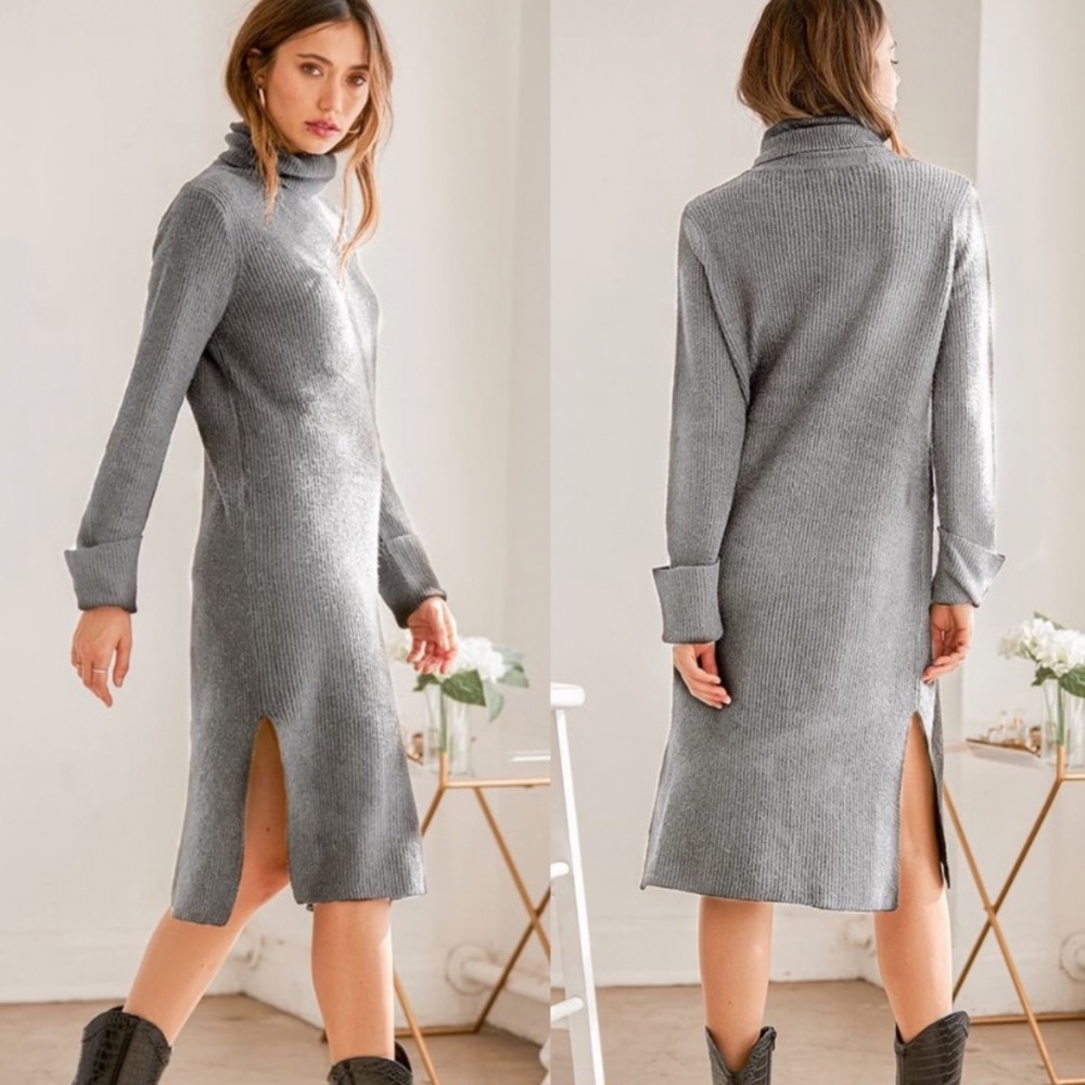 Lulus NWT Sheerah Turtleneck Heather Grey Midi Knit Sweater Dress - Picture 2 of 16